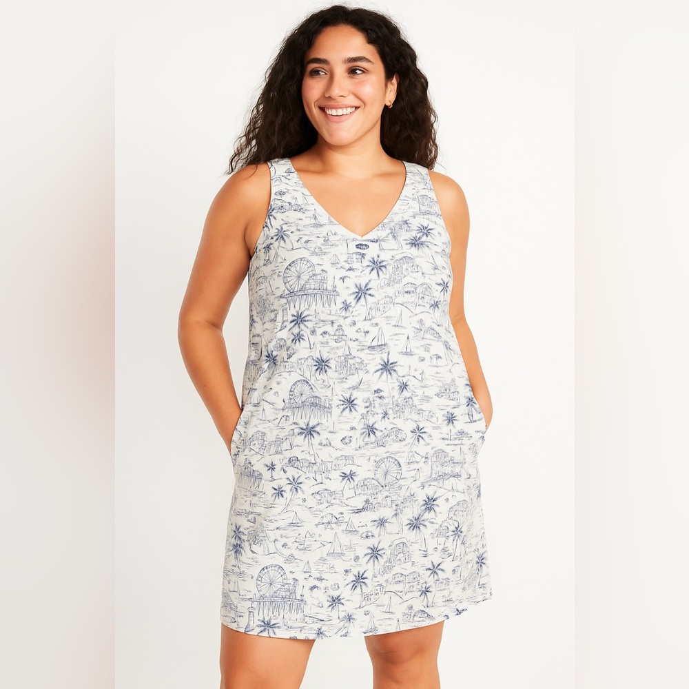 Old Navy Womens Linen Rayon V-Neck Shift Dress Medium European Vacation Coastal